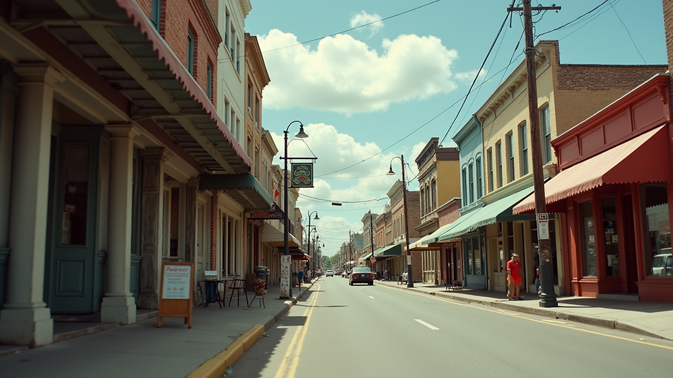 Eye-level view of a quaint small town street with vintage storefronts