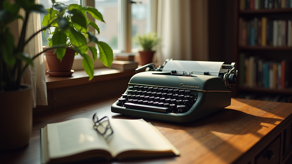Eye-level view of a cozy writing nook with a typewriter and books