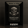 Custom Renegade Chronicles Zippo lighter in protective case with engraved skull logo