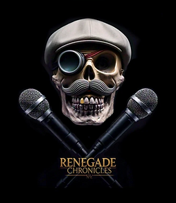 Renegade Chronicles logo featuring a skull with crossed microphones and gold lettering