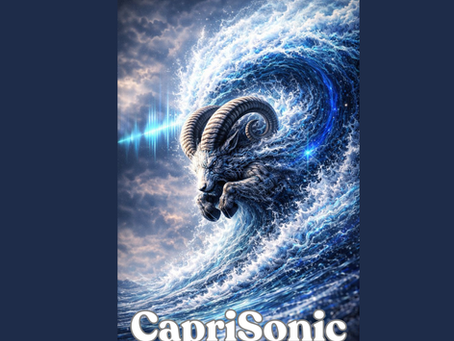 Mythological Capricorn sea goat formed from a breaking ocean wave, charging forward with curled ram horns and folded hooves, glowing with sonic energy in deep blue water.