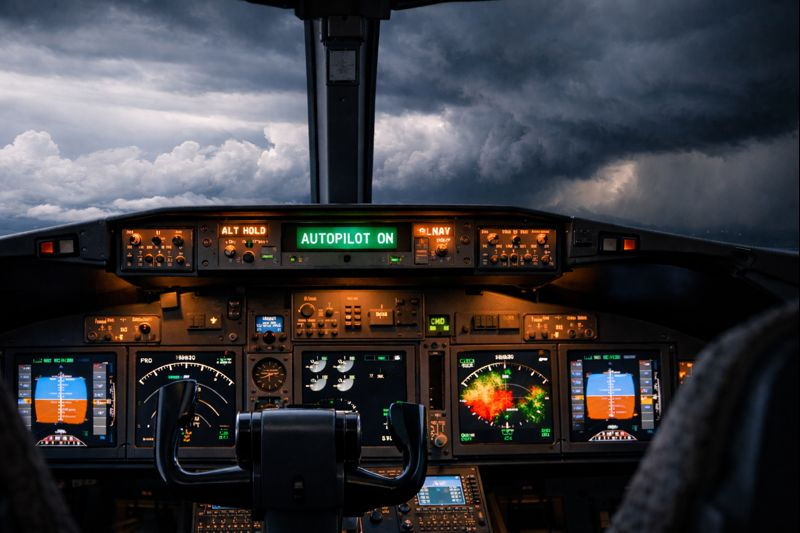 Aircraft cockpit with autopilot engaged, no hands on the controls, and storm clouds visible ahead—used as a metaphor for automated systems acting without clear human ownership.