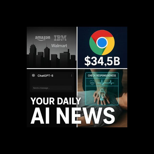 Your Daily AI News Episode 18 thumbnail featuring four panels: silhouettes of city skyscrapers with Amazon, IBM, and Walmart logos; Google Chrome logo with $34.5B; ChatGPT-5 chat interface; and CPR chest compressions with a digital 'Check Responsiveness' overlay.