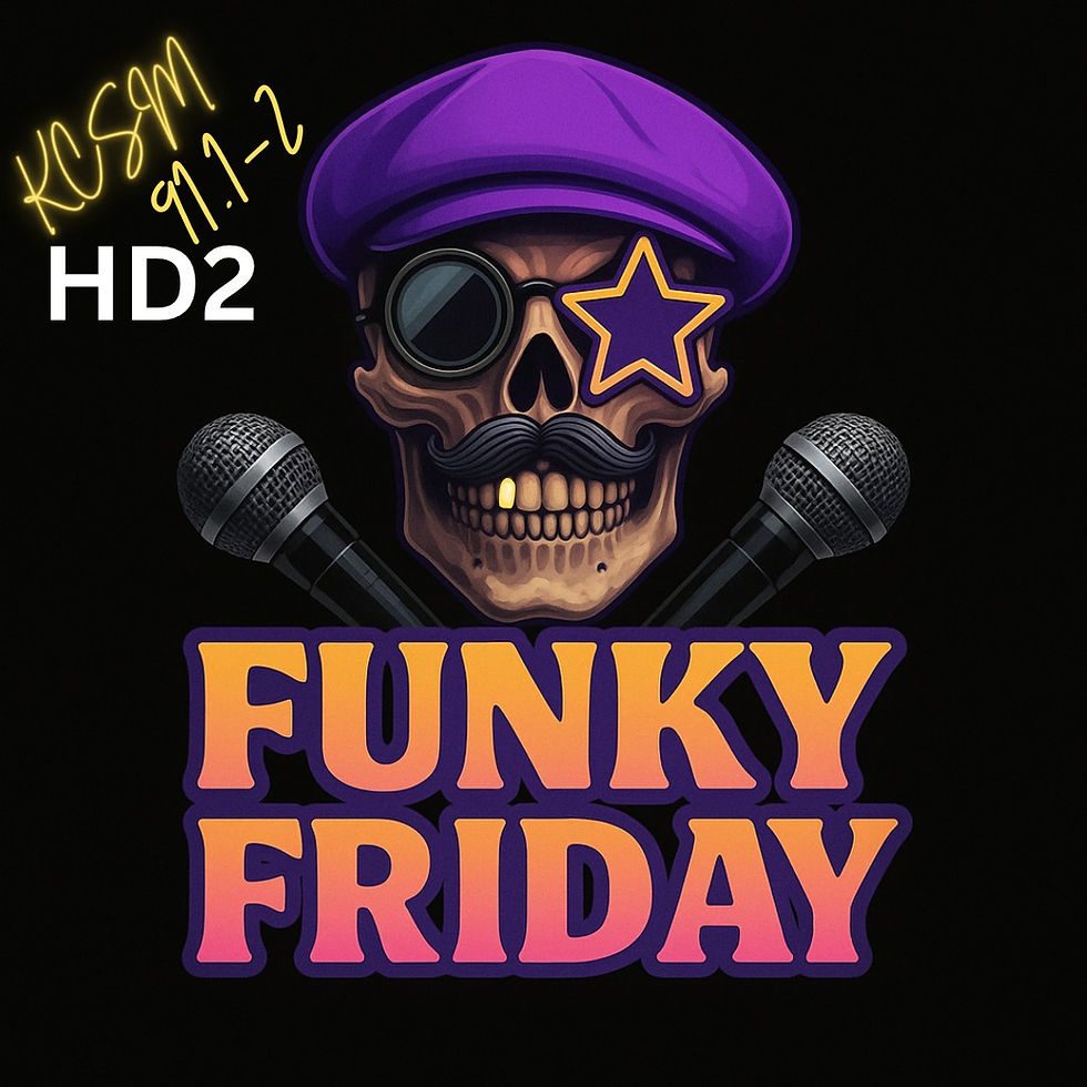 Funky Friday logo for KCSM HD2 featuring a stylized skull wearing a purple beret and star-shaped glasses, with a mustache, monocle, and crossed microphones beneath. Bold retro lettering reads ‘Funky Friday,’ with ‘KCSM 91.1-2 HD2’ written in yellow above
