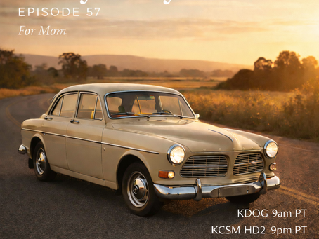 Cream-yellow vintage Volvo 122S sedan at sunset used as artwork for Funky Friday Episode 57 radio show.