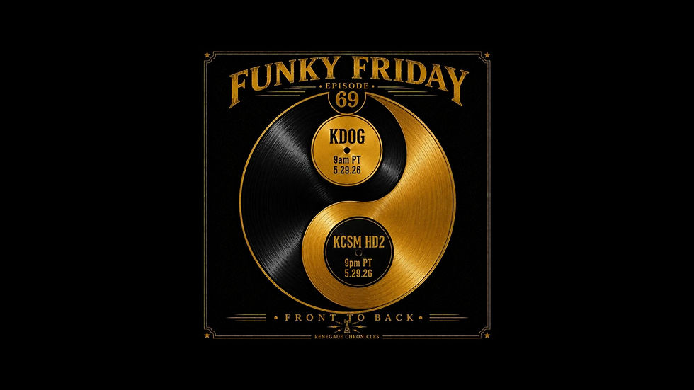 Black and gold promotional poster for Funky Friday Episode 69: Front to Back. The center artwork features a traditional yin-yang symbol reconstructed from two vinyl records — the upper record rendered as black vinyl and the lower as metallic gold vinyl, both with visible grooves. Enlarged record labels sit exactly where the yin-yang eyes would normally appear. The upper label reads “KDOG • 9am PT • 5.29.26” and the lower label reads “KCSM HD2 • 9pm PT • 5.29.26.” Distressed gold typography across the top reads “Funky Friday,” with “Episode 69” and “Front to Back” below. Decorative vintage radio and art deco accents frame the composition against a textured black background.