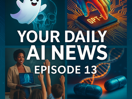 Your Daily AI News Episode 13 banner featuring diverse faces, circuit patterns, and digital tech icons