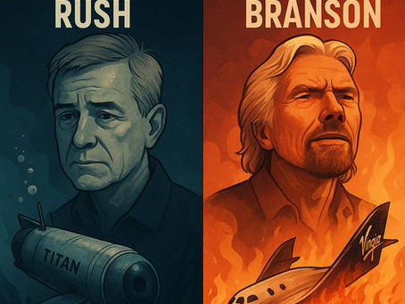 Side-by-side portraits of Stockton Rush and Richard Branson, representing the contrast between reckless ambition and visionary leadership