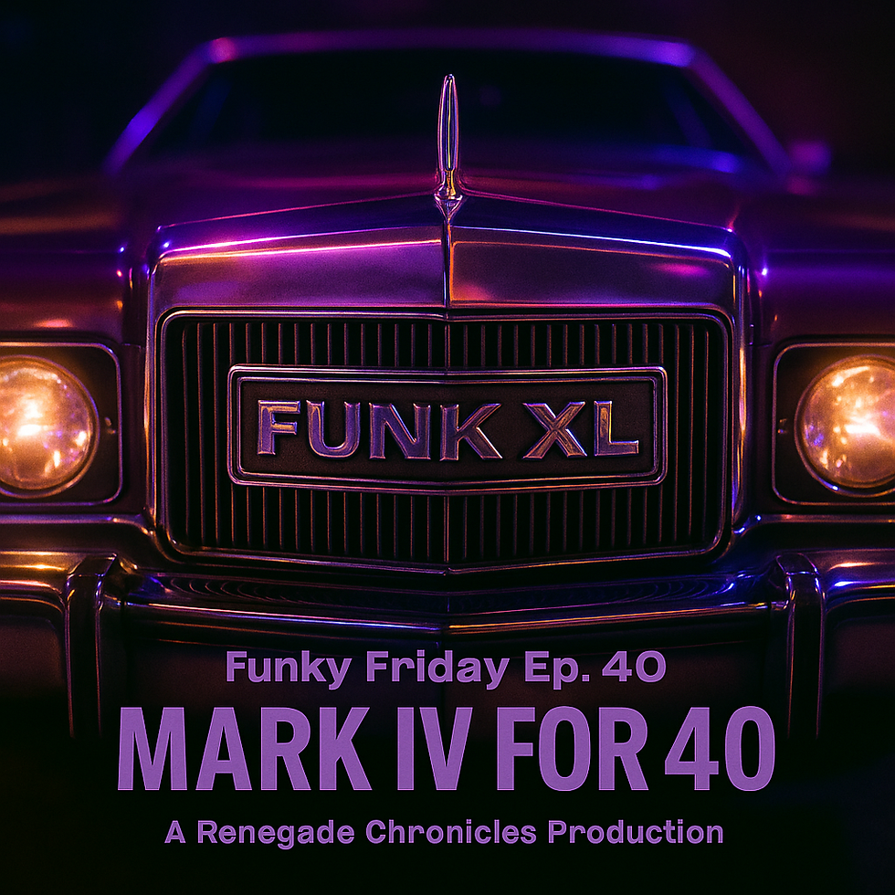 Cover art for Funky Friday Episode 40, titled ‘FUNK XL.’ A chrome Lincoln Mark IV grille gleams under purple and gold neon reflections. The bold ‘FUNK XL’ emblem glows across the center badge, framed by headlights and radio-wave light trails — a retro-futuristic celebration of forty Funky Friday shows.