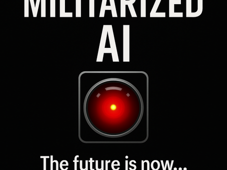 A HAL 9000-style red lens on a black background with the letters “AI” above it. Symbolizes artificial intelligence in defense systems.