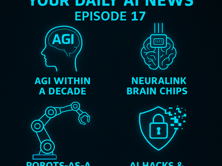 Collage of AI news headlines including DeepMind’s AGI push, Neuralink’s human trial, and Black Hat USA hacking conference
