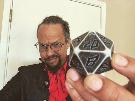 Futuristic suit of armor with glowing clock and creative symbols, representing time management as personal protection, Keith Battle holding a Dungeons & Dragons die, symbolizing creativity, strategy, and tactical thinking