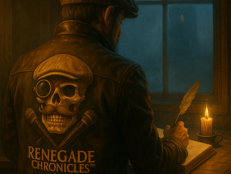 Stylized skull with a monicle and mustache in a cap, sitting at a candlelit desk with crossed microphones — representing the voice behind Captain’s Blog