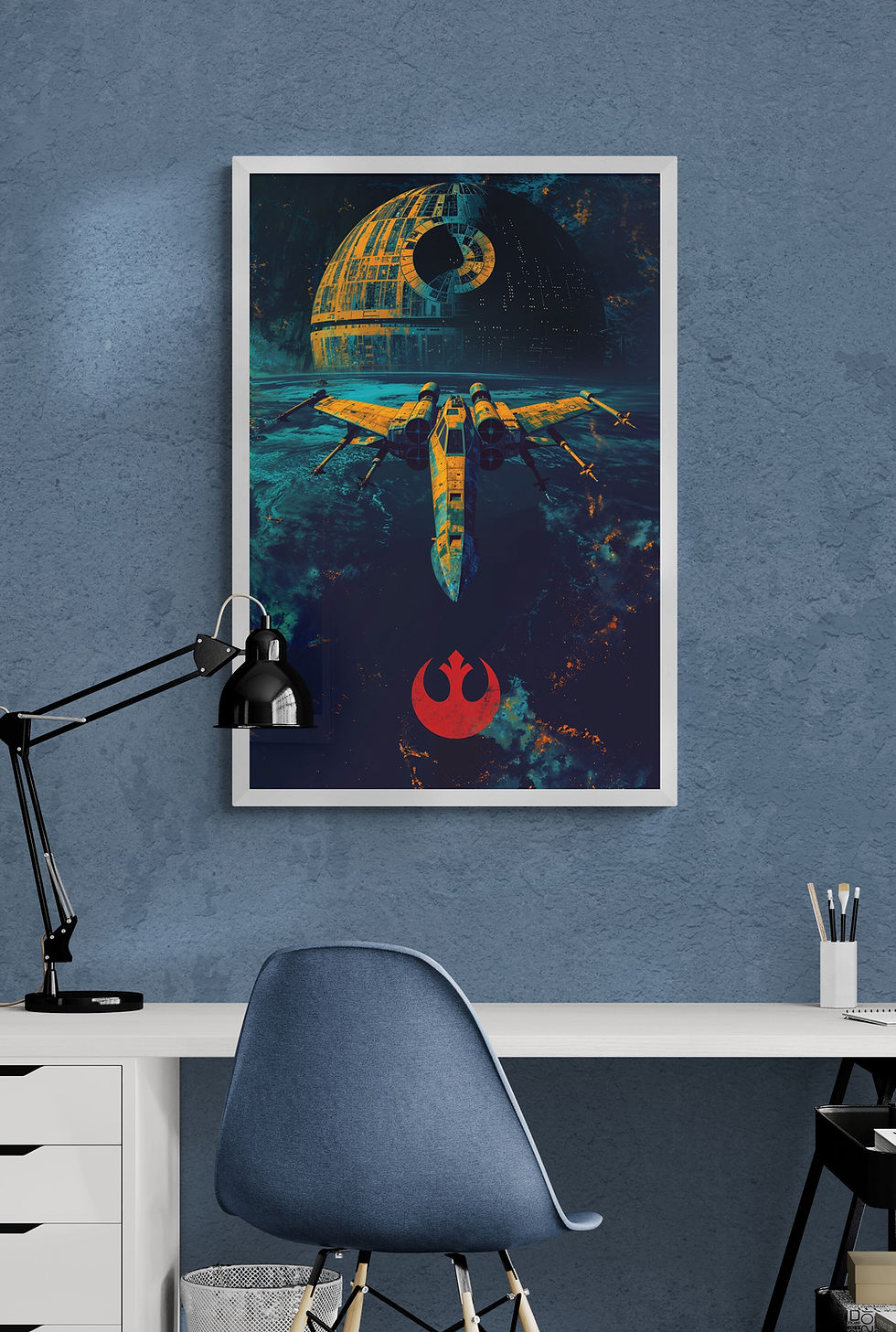 Textured minimalist digital painting of an x-wing fighter and the death star in space with the Rebel Alliance logo.