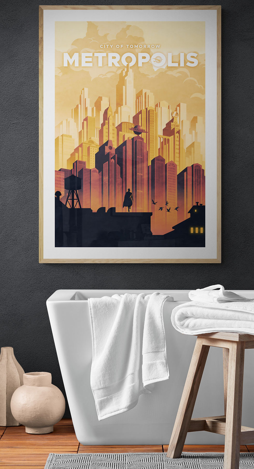 Vintage-inspired Metropolis skyline poster with Superman in art deco style