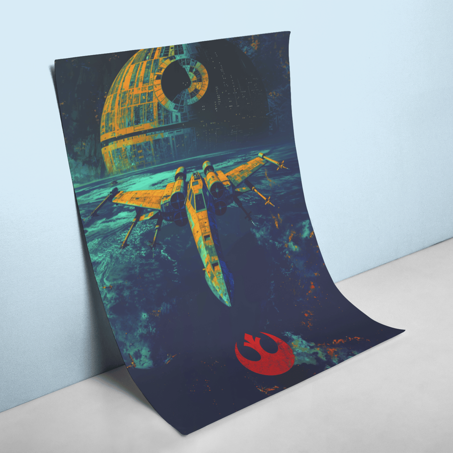 Textured minimalist digital painting of an x-wing fighter and the death star in space with the Rebel Alliance logo.