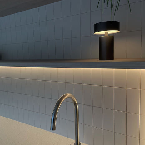 image of kitchen shelf with LED strip light