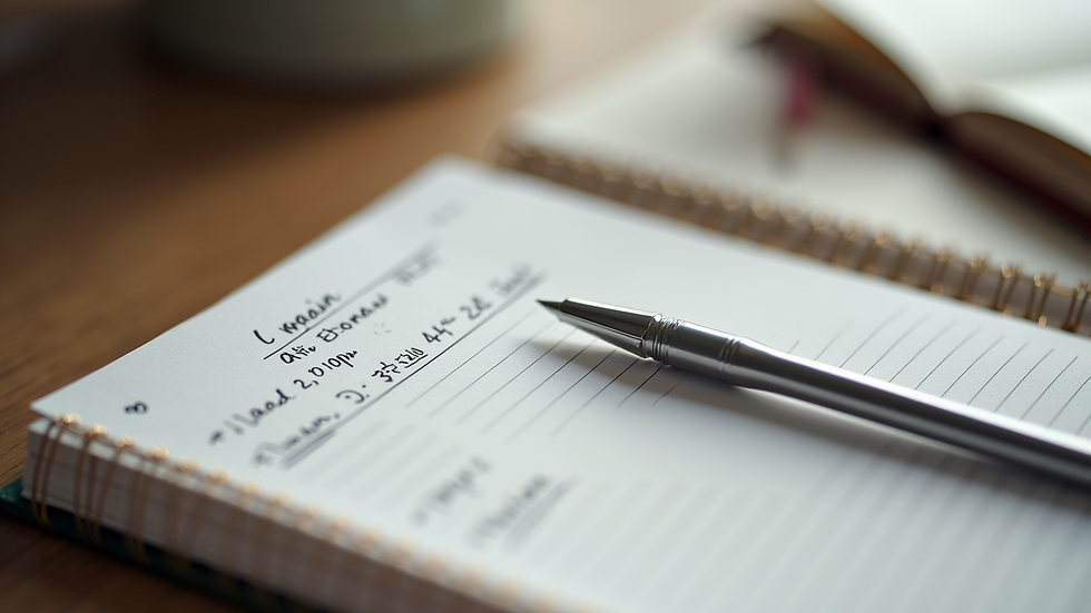 High angle view of a travel planner notebook with notes and a pen