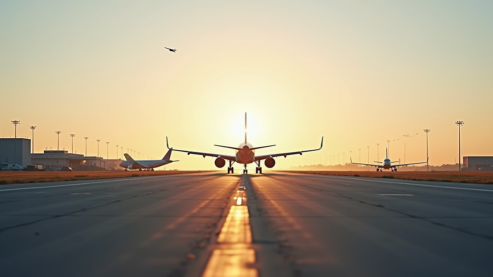 Wide angle view of airport runway with airplanes