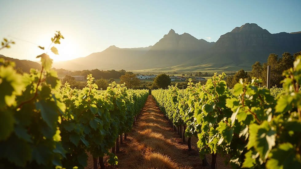 Eye-level view of a vineyard with rolling hills in Stellenbosch