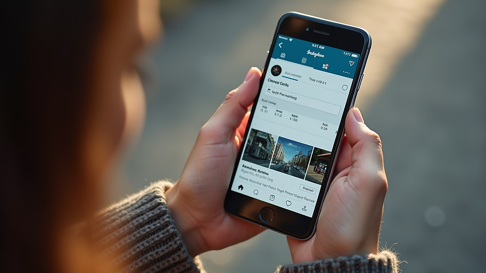 High angle view of a smartphone displaying social media marketing content