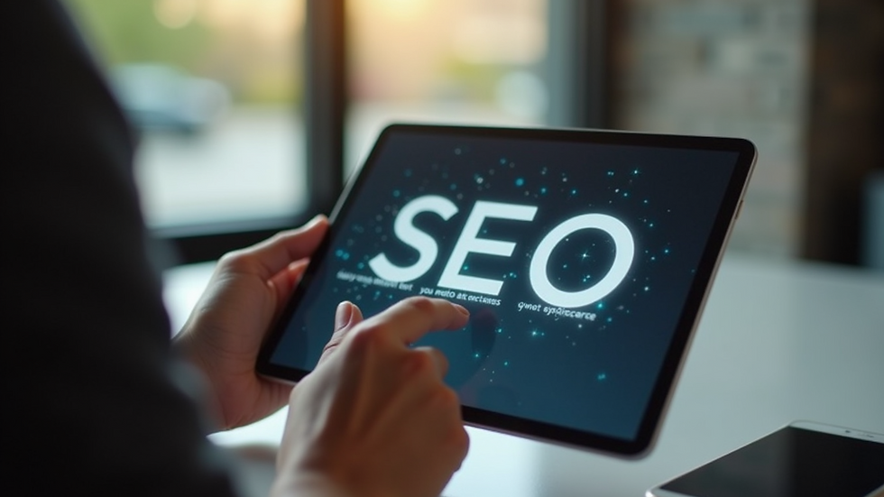 Close-up view of a person using a tablet with SEO tool interface