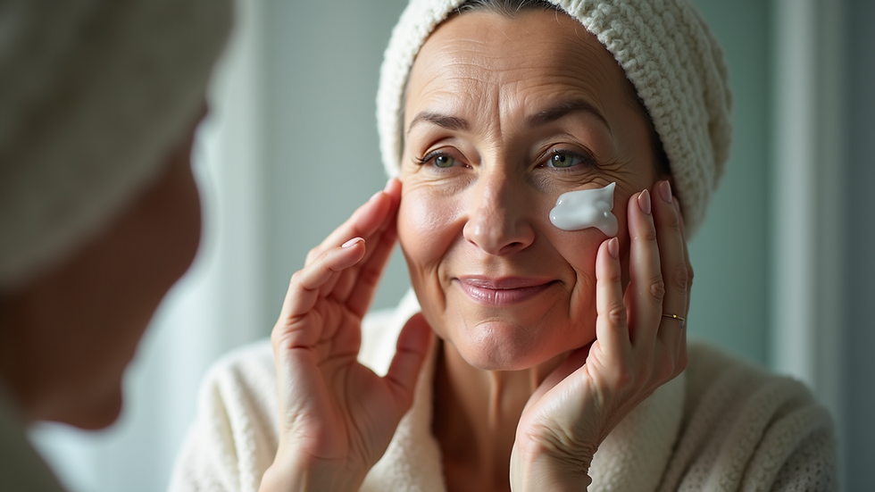 Close-up view of a serene elderly woman applying moisturizer to her face