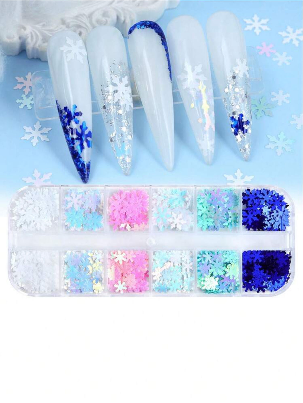 12Grids Christmas Snowflake Nail Sequins Holographic Colorful Nail Glitter Decor