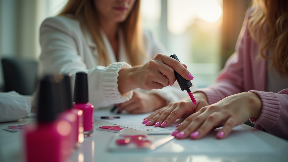 High angle view of a beauty professional preparing nail polish bottles for customers