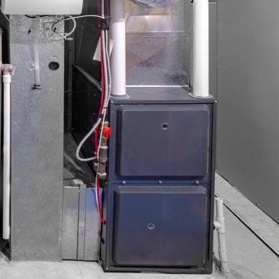 A metal furnace in a basement with visible pipes and wires. Gray and black colors dominate the setting.