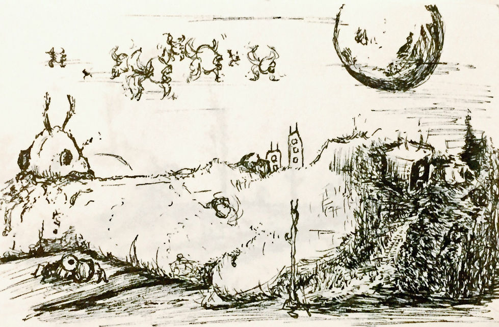 Pen drawing of fantasy landscape