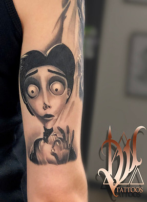 A black and gray portrait of Tim Burton character Victor Van Dort from Corpse Bride tattoo by Dan Ward in New Jersey