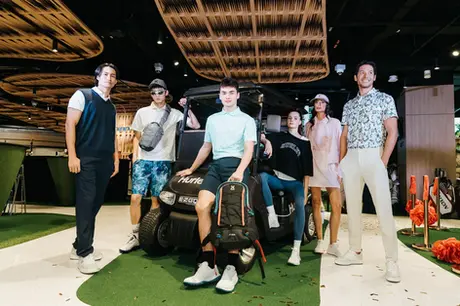Fashion models posing for merchandise at Leonian opening ceremony and ribbon cutting event at The Cathay Singapore.