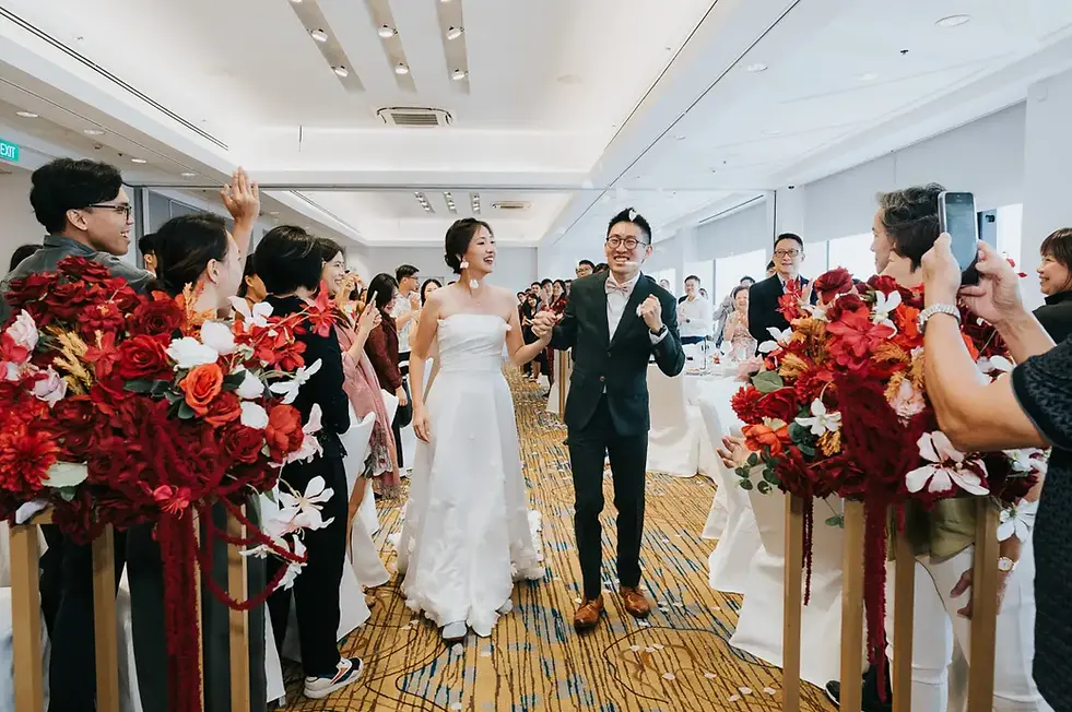 Bride and groom wedding celebration photoshoot at Swissôtel The Stamford Singapore.