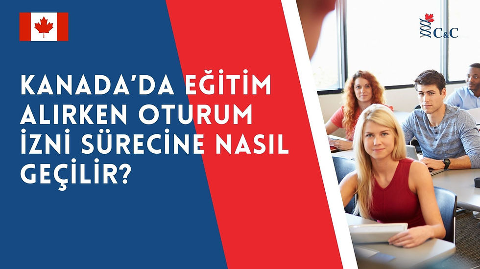 Kanada bayrağı ve "Kanada'da eğitim alırken oturum izni sürecine nasıl geçilir?" metni yanında sınıfta oturan öğrenciler.