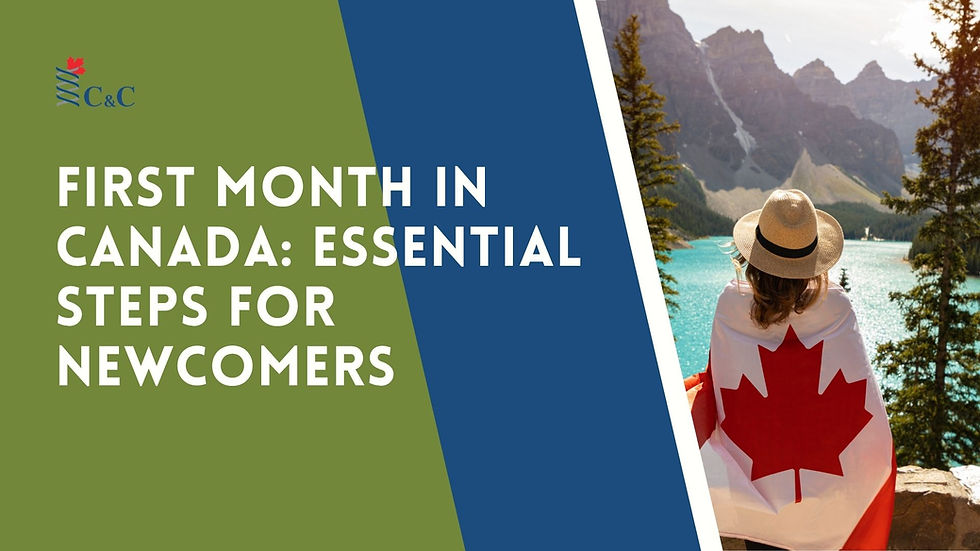 Graphic with text First Month in Canada: Essential Steps for Newcomers beside a woman draped in a Canadian flag by a mountain lake