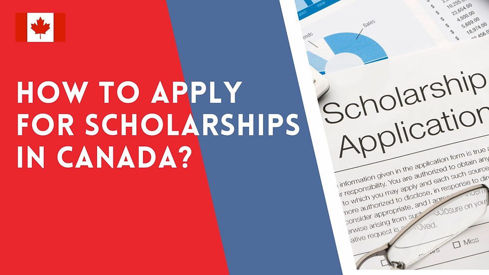 Canadian flag beside bold text: How to apply for scholarships in Canada? with a scholarship application form and glasses.