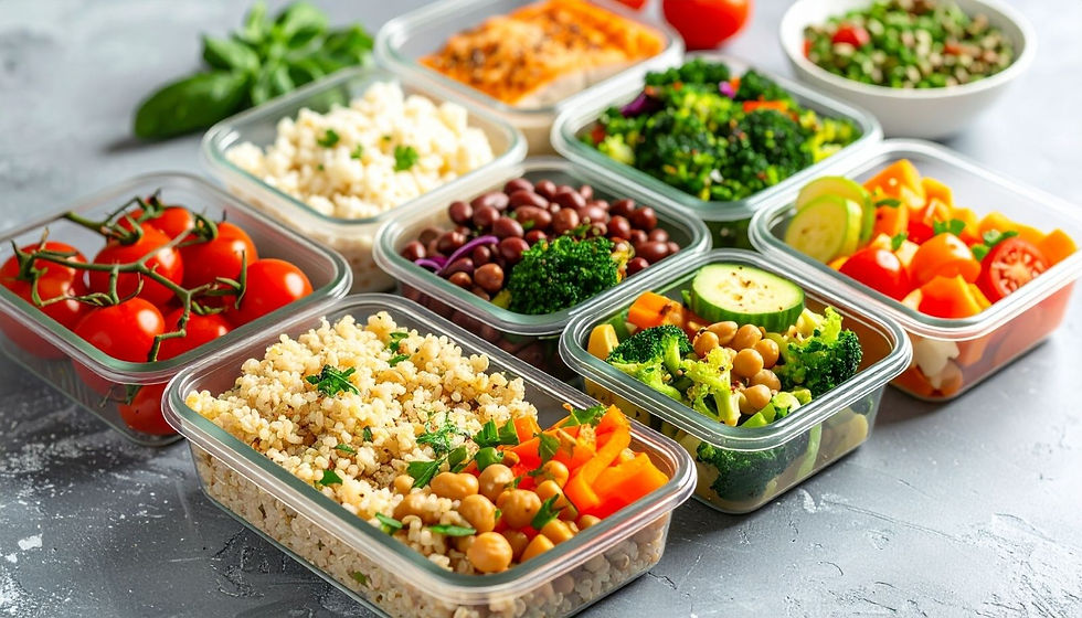 Colorful meal prep in containers with quinoa, tomatoes, broccoli, beans, and cucumbers on a gray surface, evoking freshness and health.