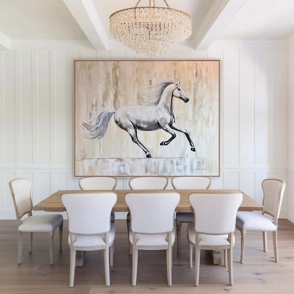 Thumbnail: Elegant dining room styled with white horse wall art by Danielle Fernandez above a farmhouse-style dining table