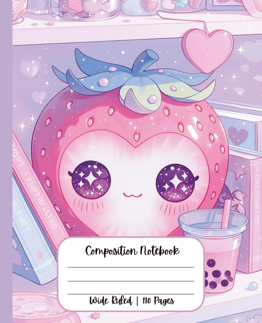 Composition Notebook Wide Ruled Cute Kawaii School Supplies Strawberry Boba Tea
