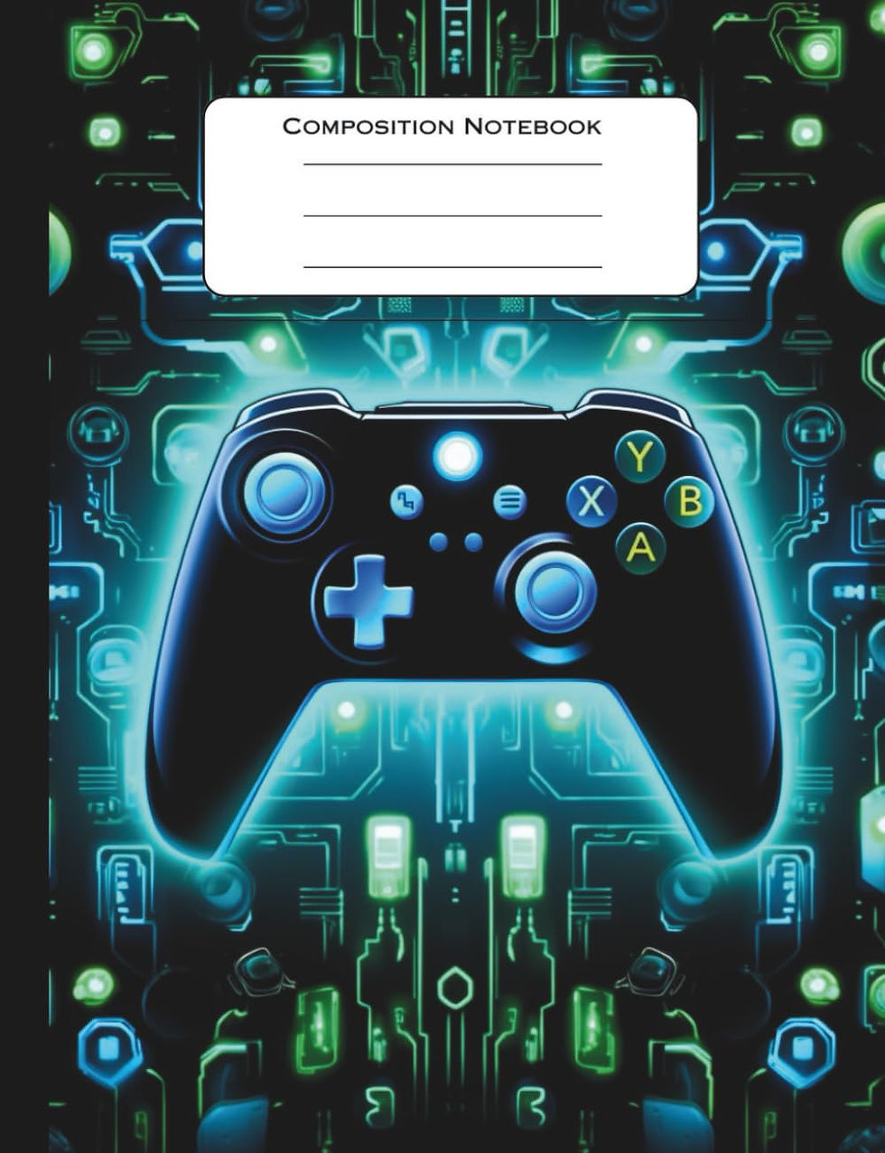 Composition Notebook | Wide Ruled Paper | Video Game Player | Black | Blue | 110