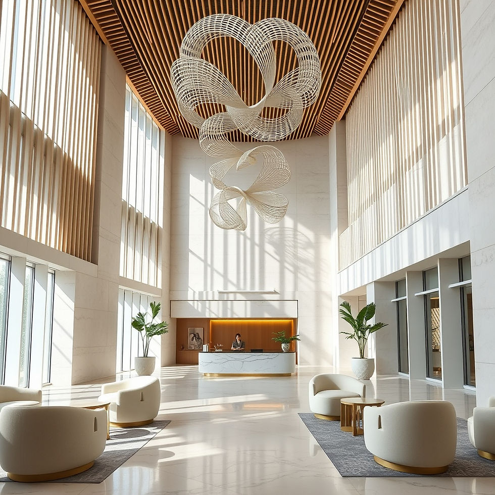Bright, airy hotel lobby interior photography, light neutral palette, pale stone walls and