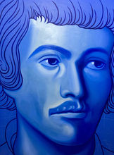 Blue portrait of Titian's portrait of a man, and has curly hair with lines for the hair strands. The painting is painted in tints of blue.