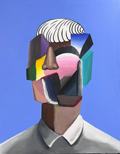 A cubist portrait of a man with lots of colourful organic shapes on his face and one realistic nose in the centre and white hair with black outlines and a white shirt and the background is light blue