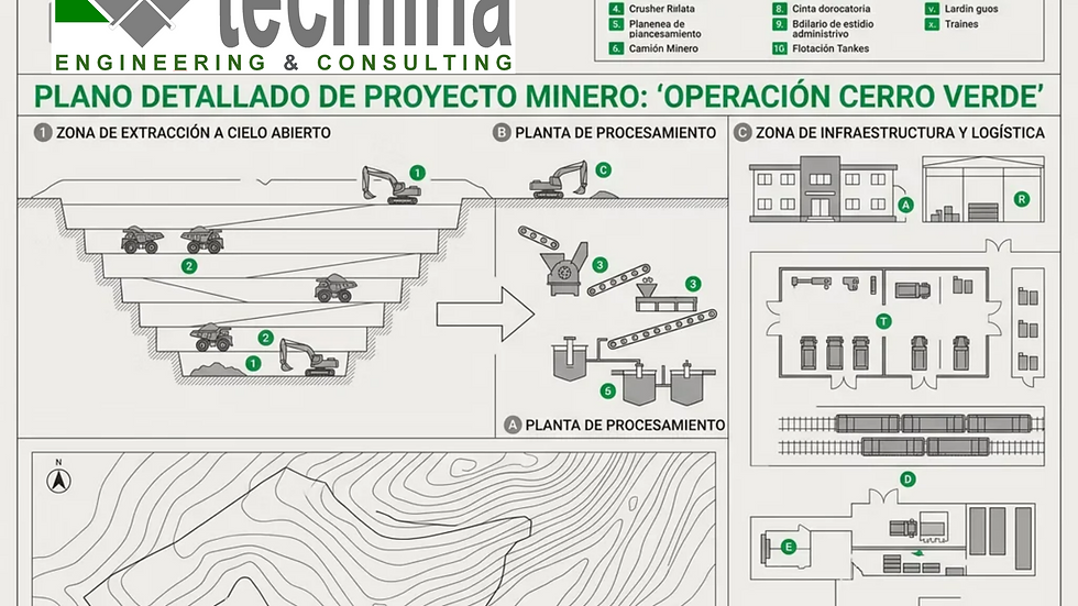 Plano detallado de un proyecto minero con maquinaria y estructuras