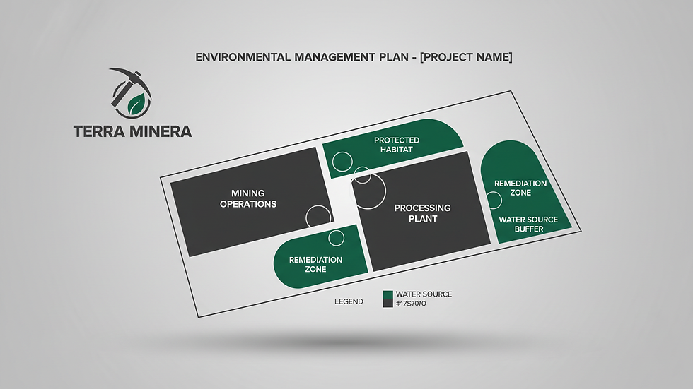 Plano detallado de un proyecto minero con áreas ambientales señaladas