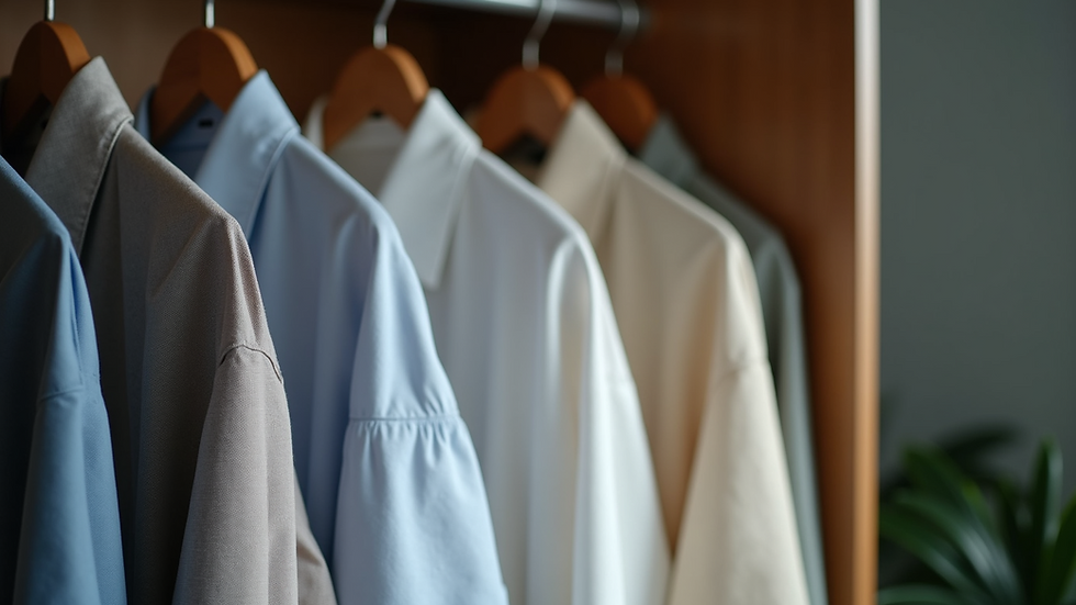 Close-up view of a neatly arranged wardrobe with solid color shirts