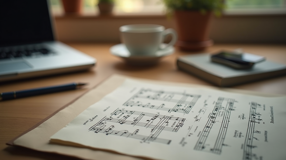 Eye-level view of a serene workspace with musical notes art