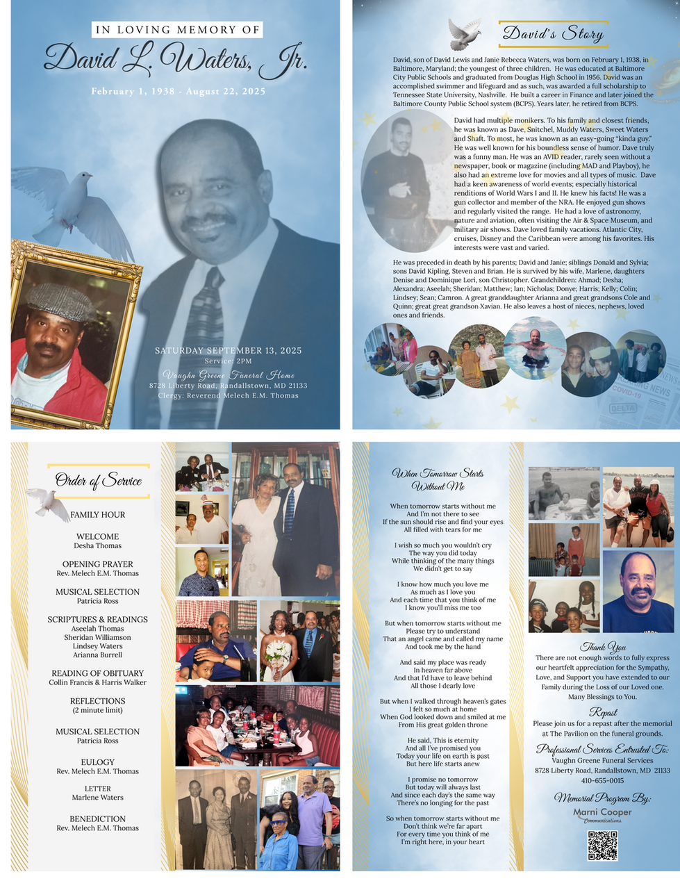 4 page memorial program with text, images and decorative elements, including doves, photo frames and gold lines & stars 