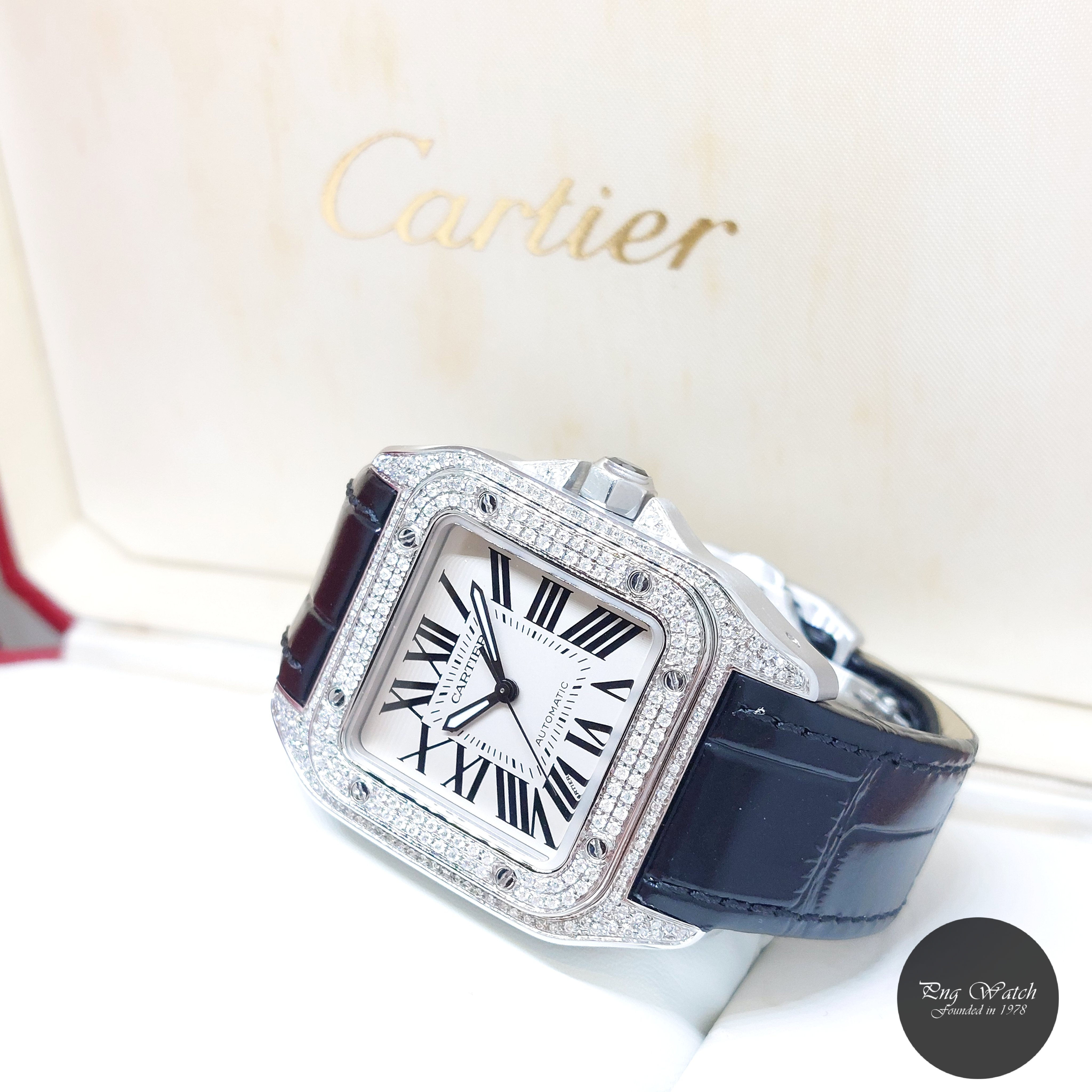 Cartier 35.6 x 44.2 Silver Opaline Diamonds Set Medium Santos 100 REF: W20106X8
